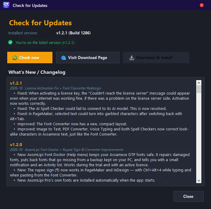 Check for updates screen